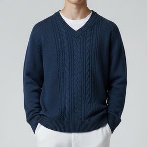 Helly‎ Hansen Mens Navy Blue Cotton Cable Knit Sweater Sz XL Cabincore Fisherman